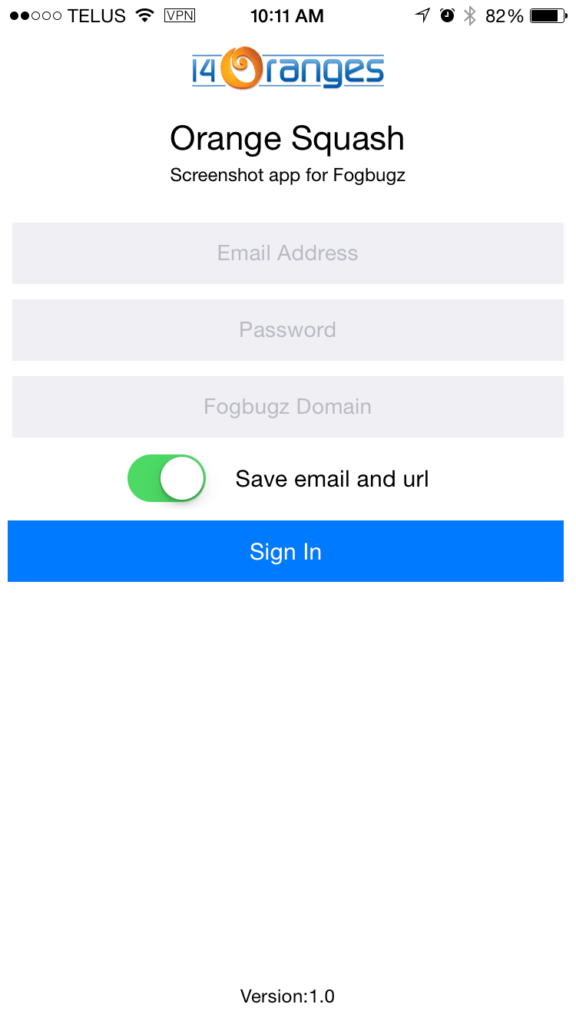 14 Oranges Orange Squash Screenshot App for Fogbugz Login Page