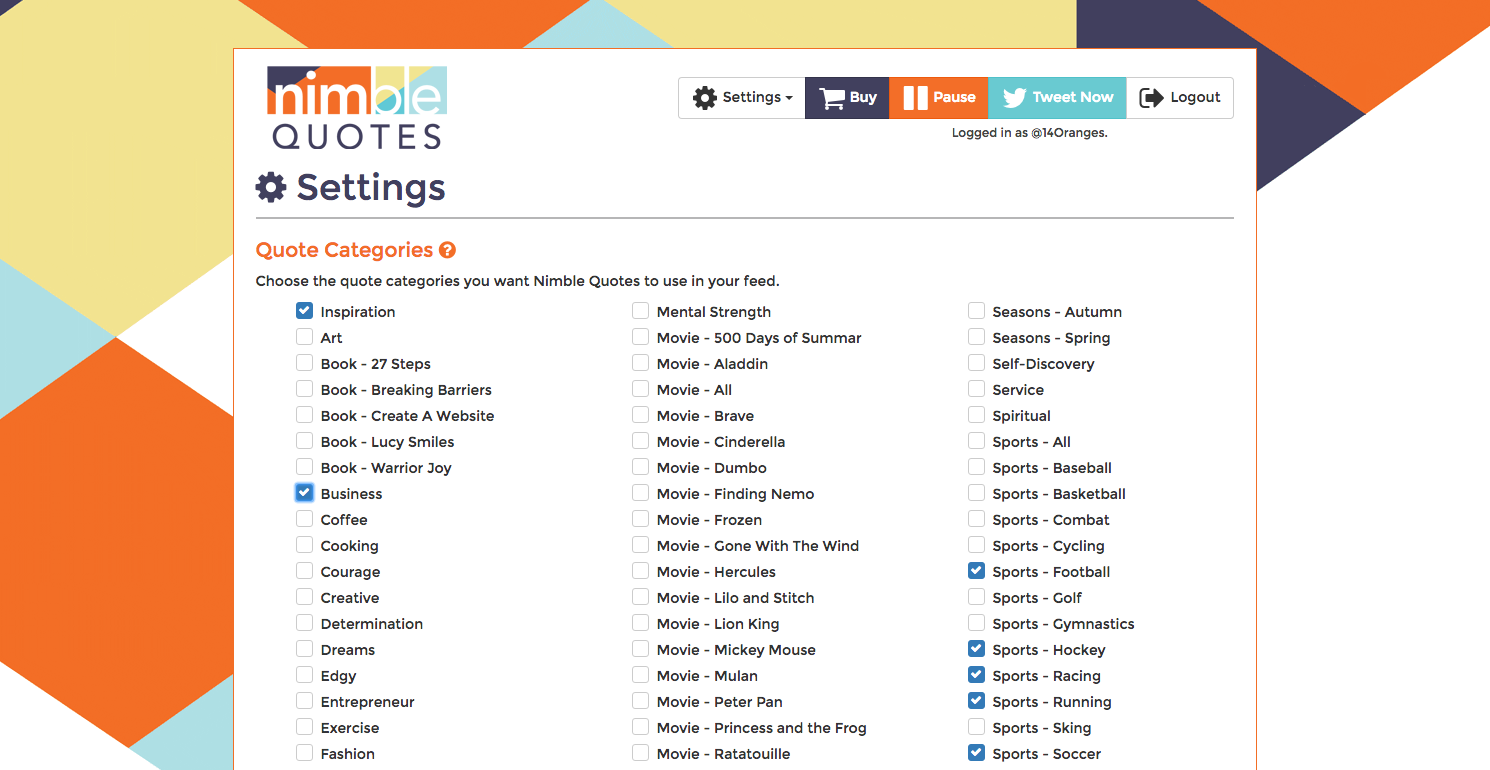 14 Oranges Nimble Quotes Website Settings Page