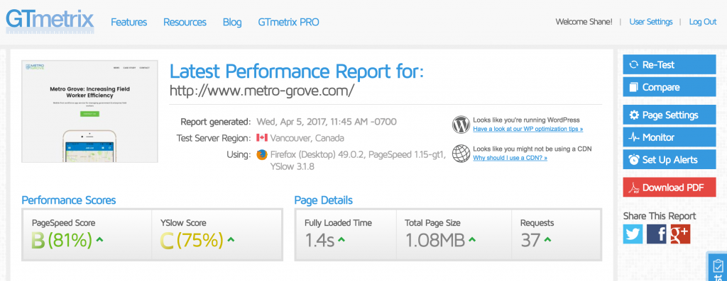 14 Oranges GTmetrix Portal Website Performance Report