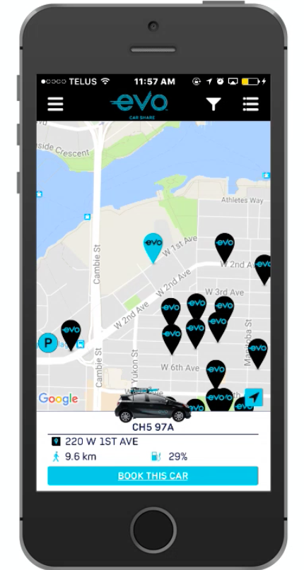 14 Oranges Map on Phone Car Sharing App