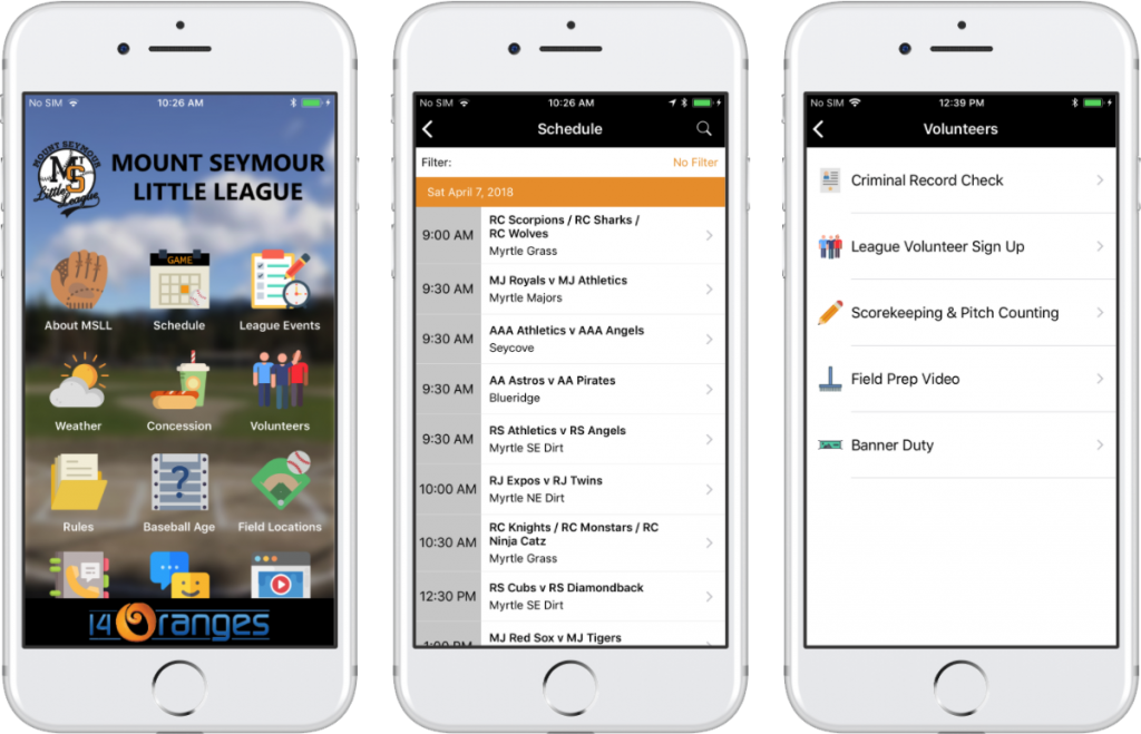 Info Grove App Mount Seymour Little League Association Features Schedule and Volunteers menus