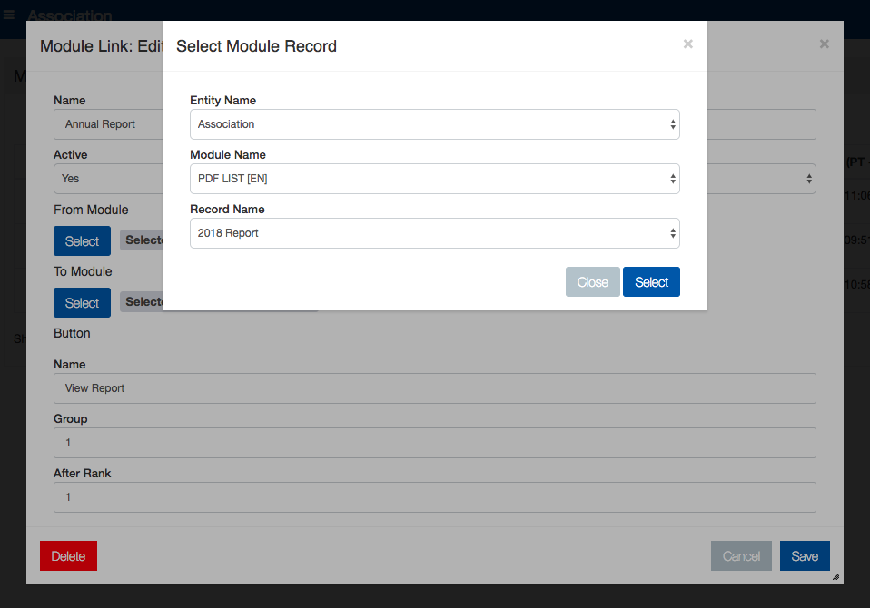 Info Grove App Module Record Selection menu