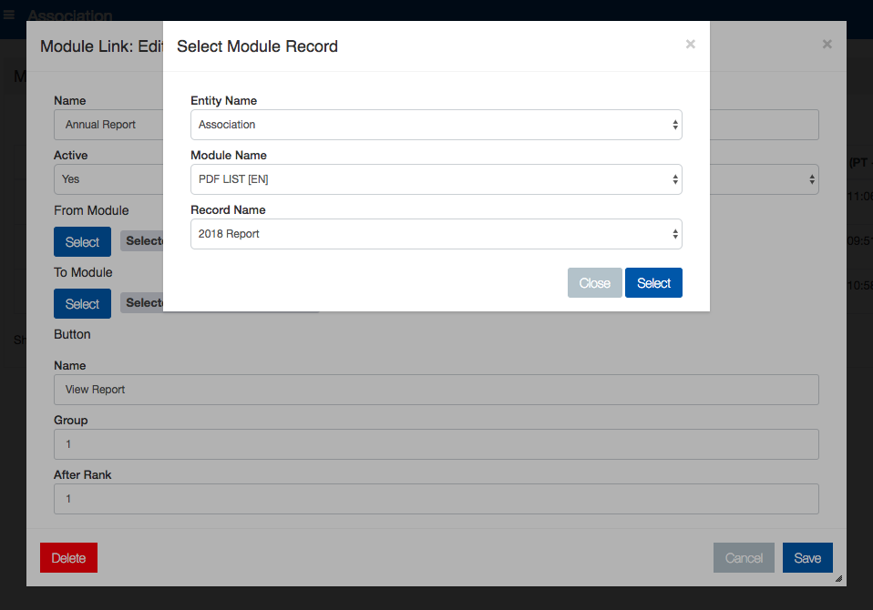 14 Oranges Info Grove App Module Record Selection menu