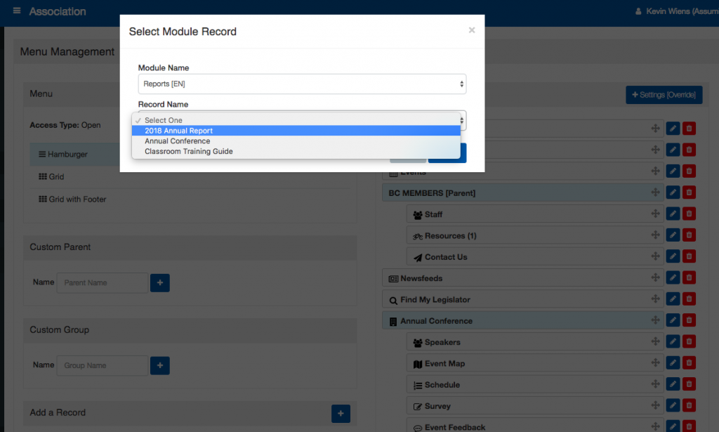 Info Grove App Select Module Record Menu