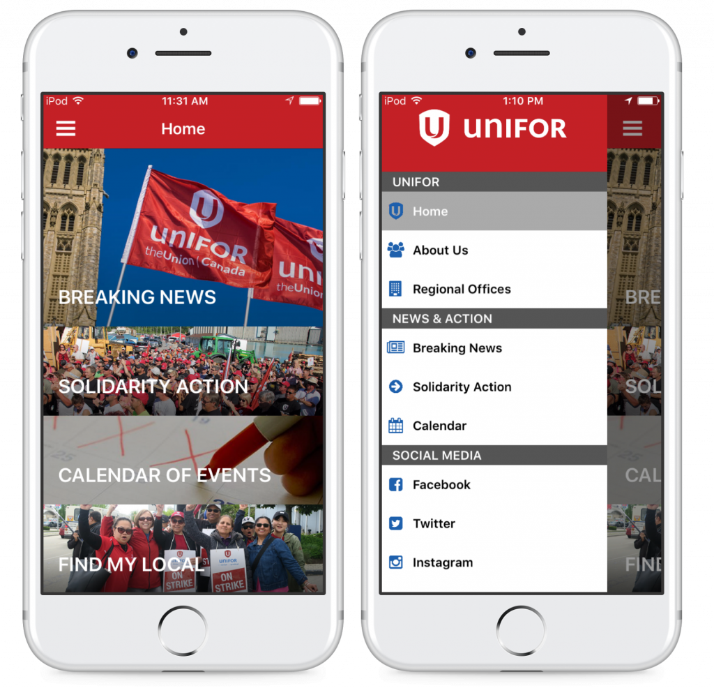 Info Grove App Unifor Association Feature Page and Menu