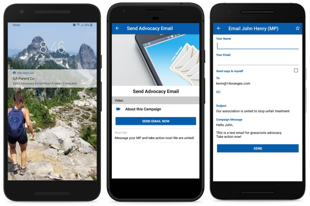 Info Grove Associations Pop Up notification on phone for Advocacy action and email form in app