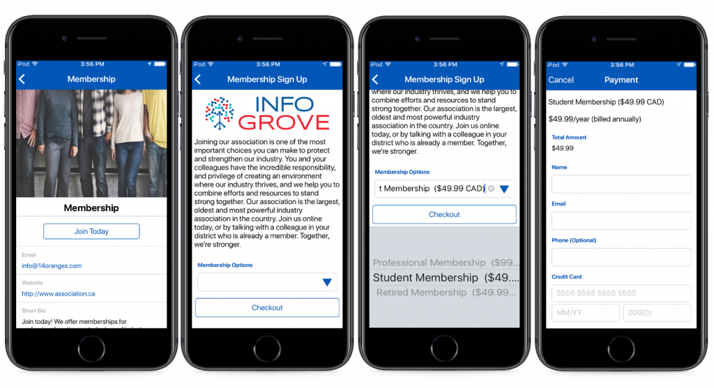 14 Oranges Info Grove App Membership Sign up Screens on Phone