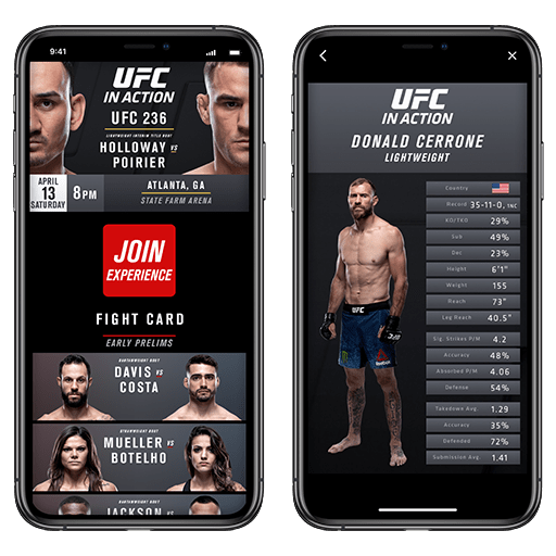 14 Oranges UFC Mobile App Feature Menu and Fighter Detail Page