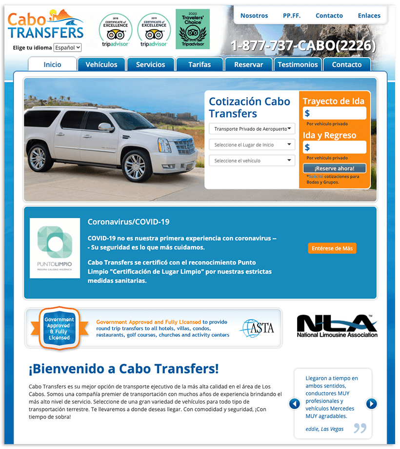 14 Oranges Cabo Transfers Website Home Page