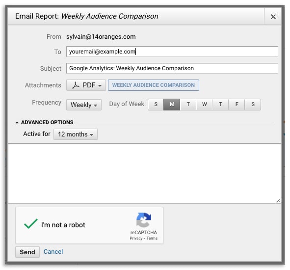 14 Oranges Google Analytics Weekly Audience Comparison Email Window