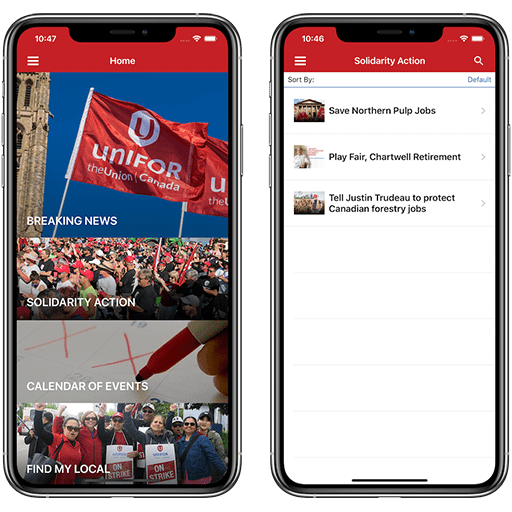 14 Oranges Unifor Mobile App Home Page and Solidarity Action Page