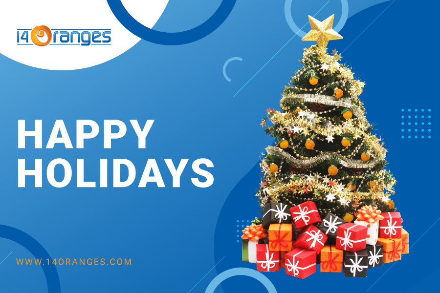 14 Oranges Blog Happy Holidays Christmas Tree and Presents